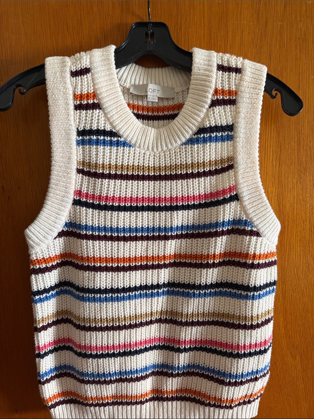 LOFT Cream Striped Knit Sweater Vest with Multicolor Bands